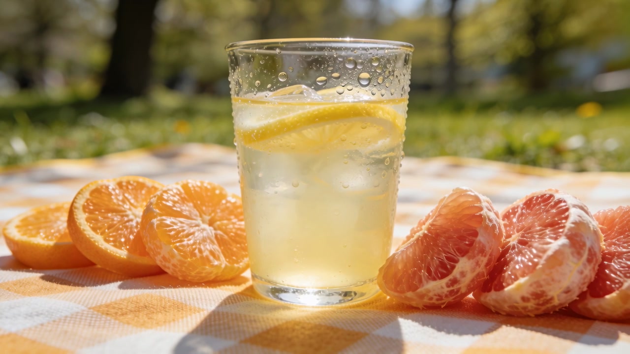 Sunlight warming clear glass causing drops and ice melting on blanket in park with lemon slice