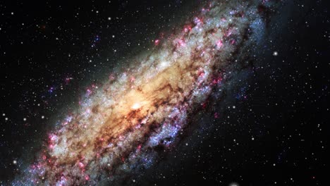 spiral galaxy moving in dark space with scattered stars, universe