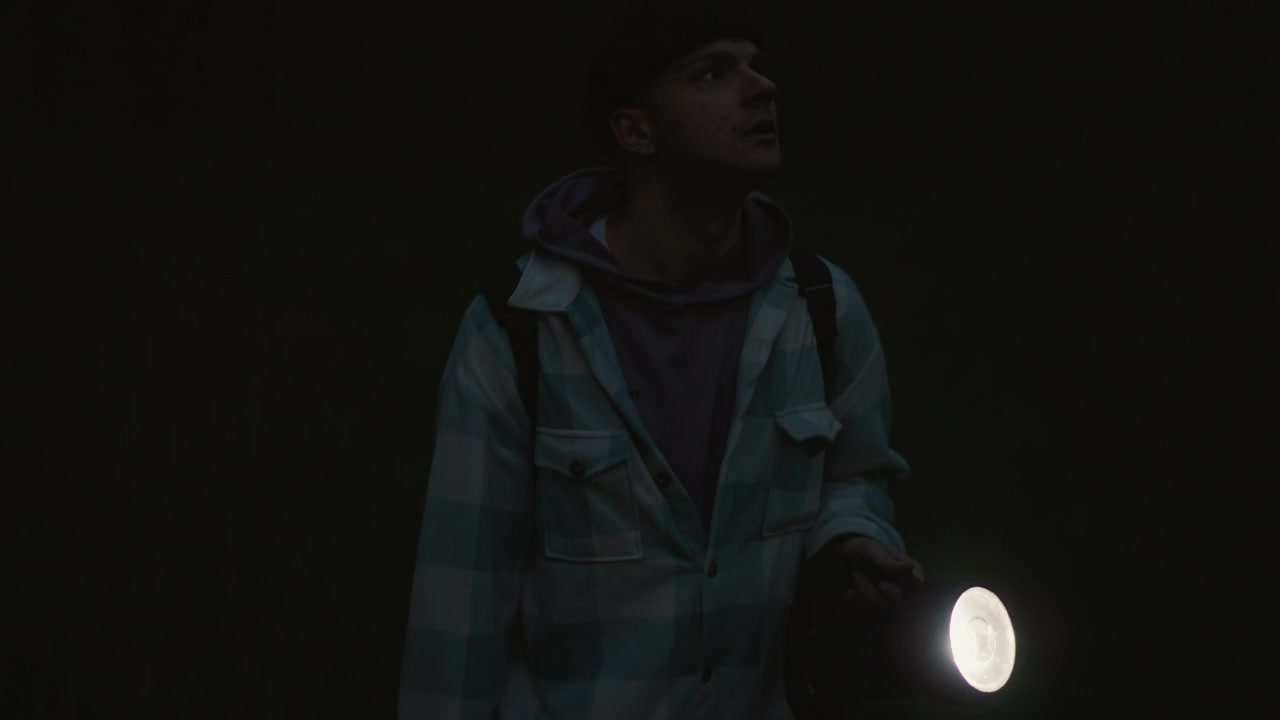 Mochilero caucásico de noche sigue una luz verde brillante a través de la hierba alta, girándose hacia una luz misteriosa con tensa curiosidad, luz de luna suave, ambiente silencioso, ambiente nocturno cinematográfico