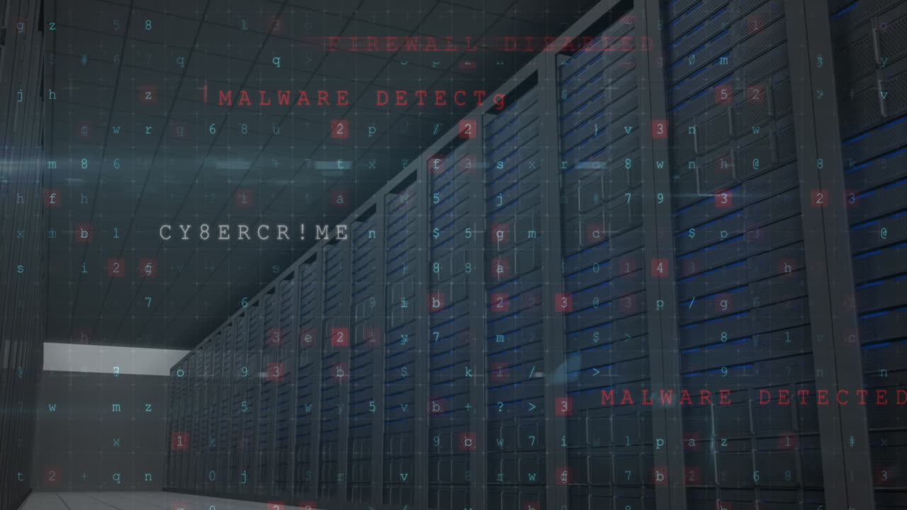 Animation of cybercrime and virus warning over moving servers