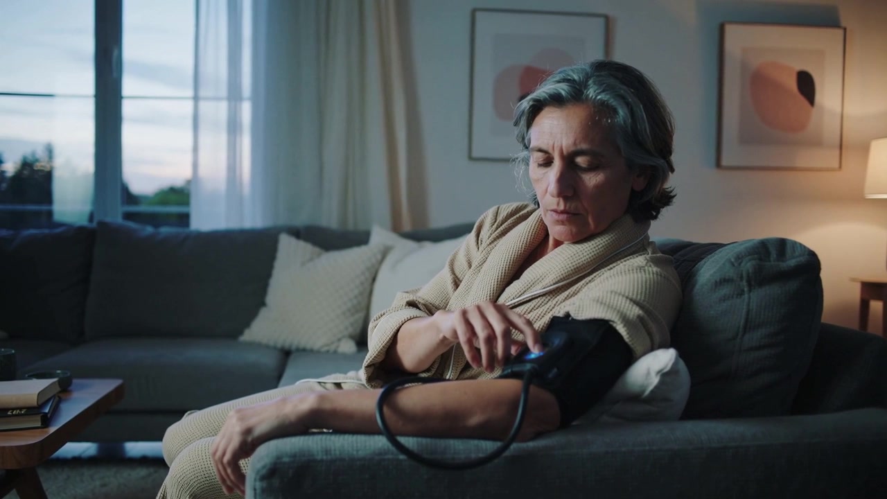 Anziana donna che controlla la pressione sanguigna per motivi di salute sul divano di casa, regolando il bracciale e indossando abbigliamento da casa.