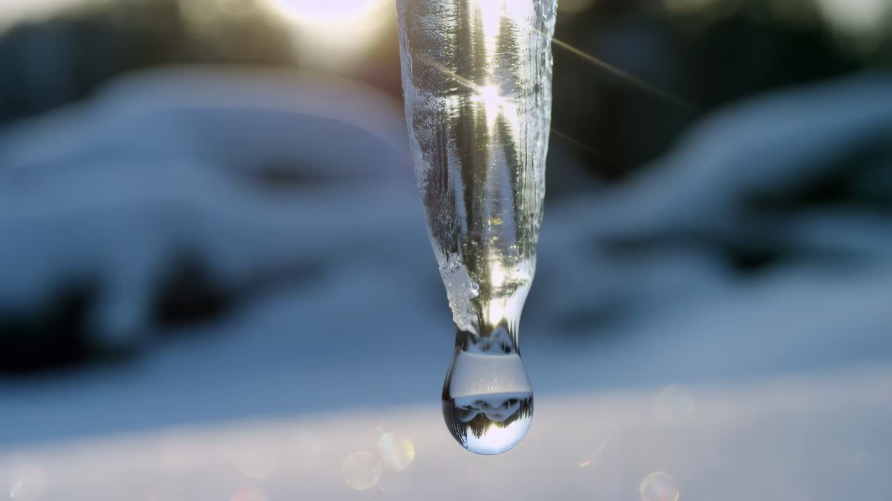 Close-up of a melting icicle with a water drop, reflecting the sun and surroundings