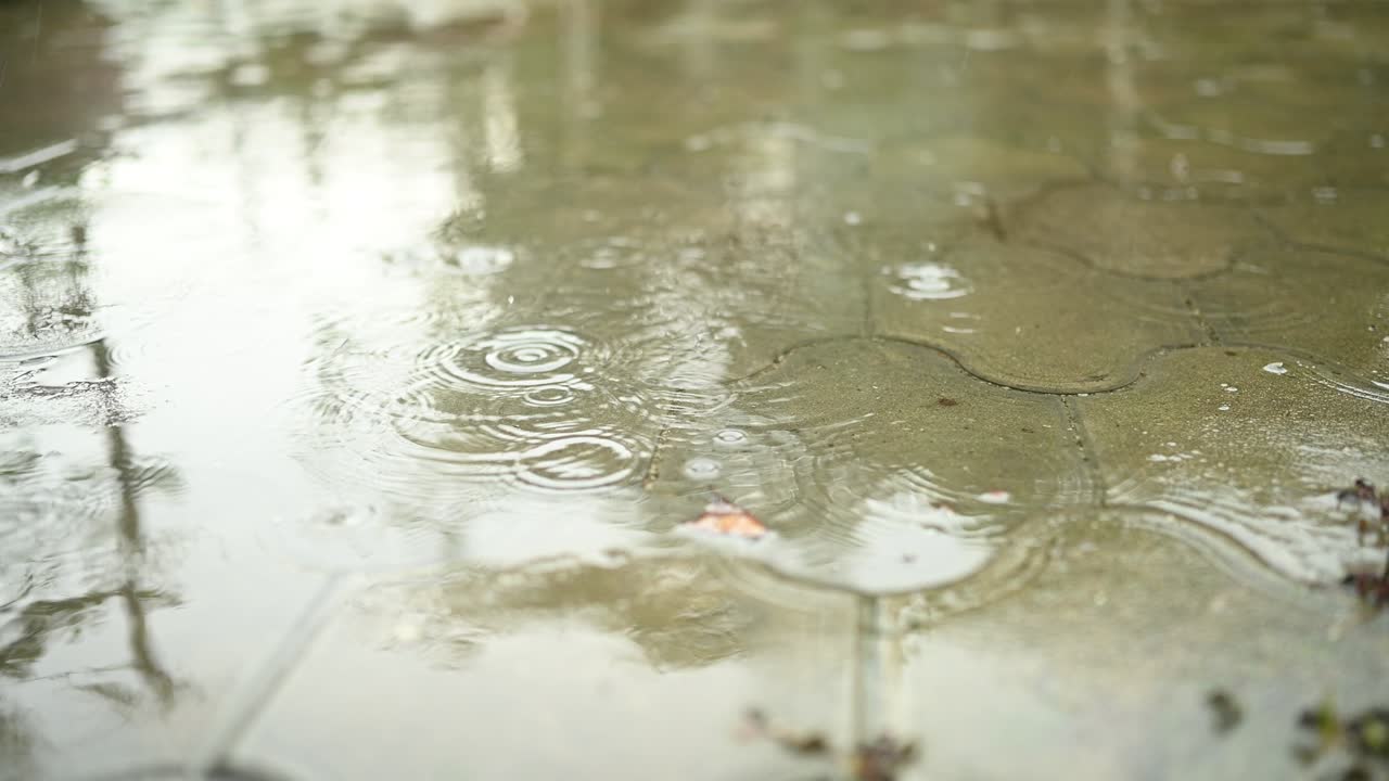 Circles of raindrops and huge puddles on the asphalt or paving slabs