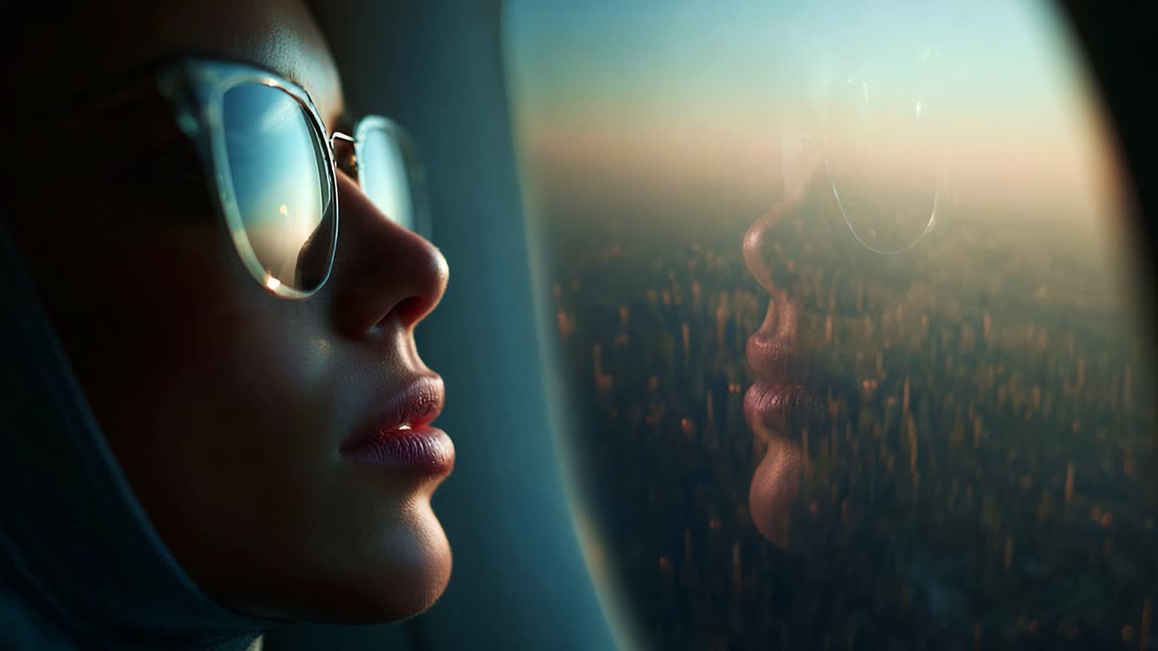 A Pensive Glimpse: Capturing the Contemplative Beauty of a Young Woman Gazing Out of an Airplane Window as the Golden Horizon Blends with Her Reflective Image
