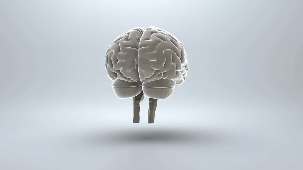 Three dimensional brain model turns gently from front view in illuminated empty setting, revealing curved surface details, subtle shadows, and balanced composition with clean white tones.