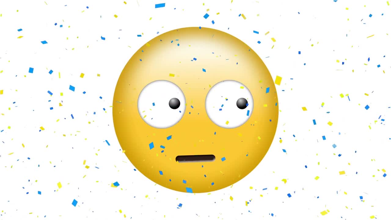 animación digital de confeti cayendo sobre un emoji de cara confusa contra un fondo blanco