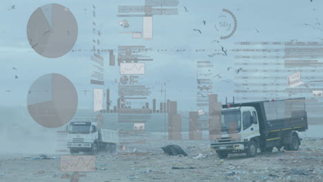 statistical data processing against multiple trucks working on landfill with birds in the sky