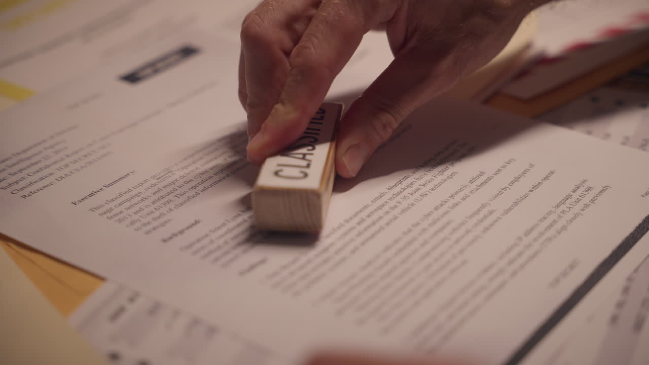 Close up on top secret document marked with rubber stamp as classified. Government agent or analyst is labeling confidential sensitive file. Red ink on important text to be kept hidden in archive