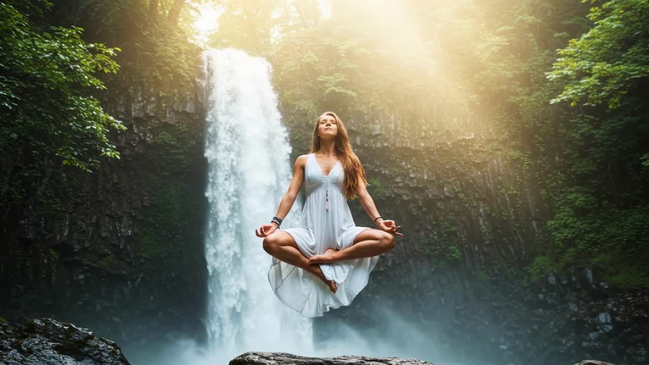 A woman is peacefully meditating in a tranquil environment by a beautiful waterfall, surrounded by lush green vegetation, all bathed in the warm glow of the golden hour