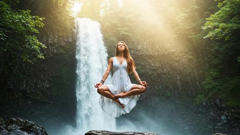 a woman is peacefully meditating in a tranquil environment by a beautiful waterfall, surrounded by lush green vegetation, all bathed in the warm glow of the golden hour