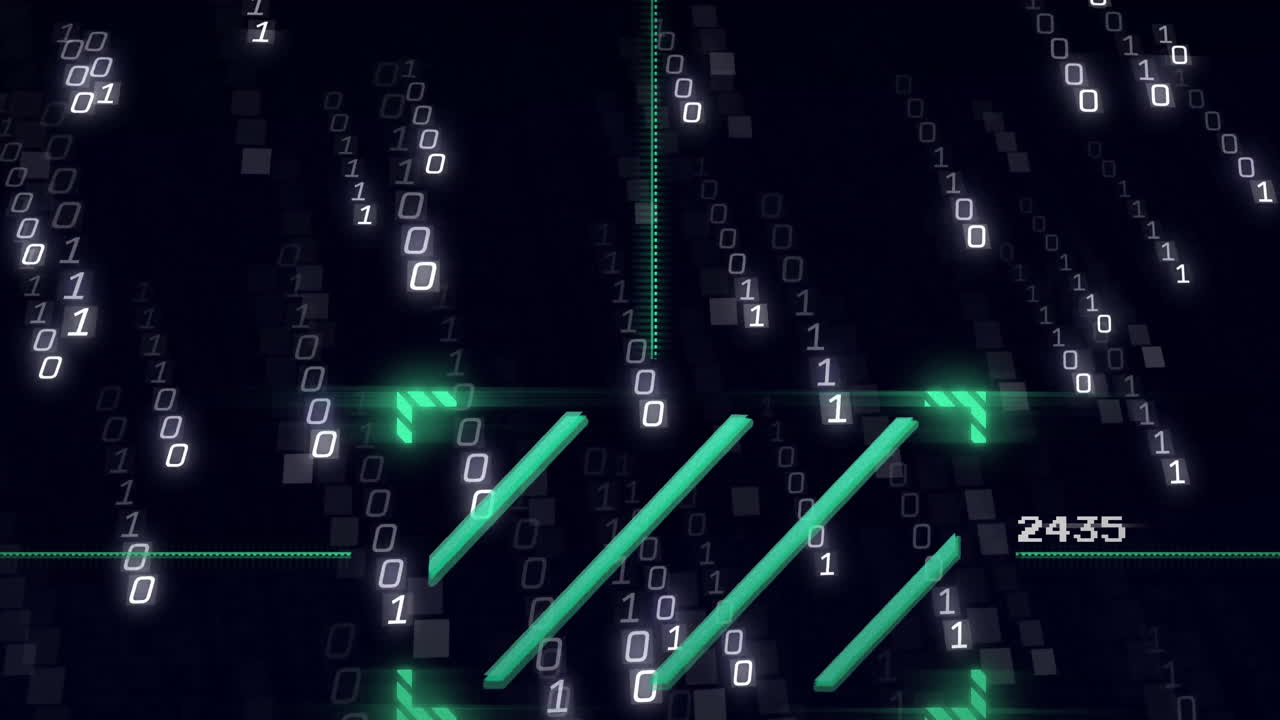 Binary code and digital processing animation with green lines and numbers