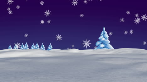 multiple tress on winter landscape against snowflakes falling on blue background