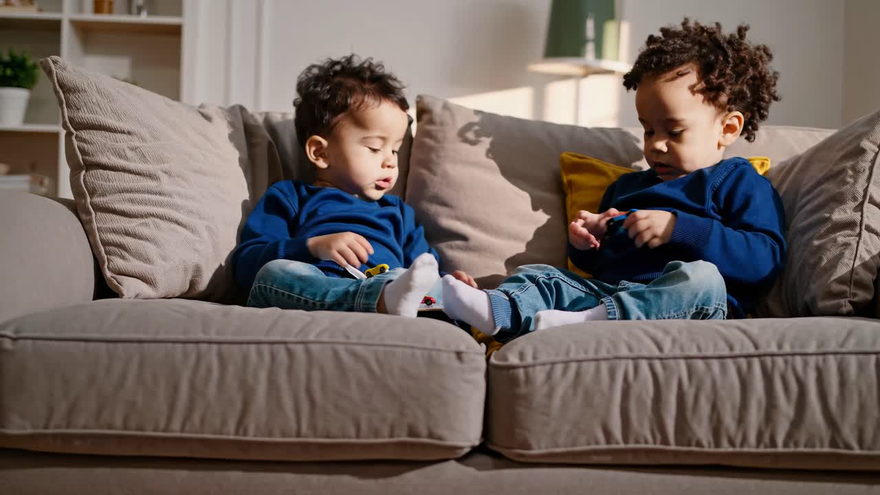 Two Boys Playing Together on a Couch