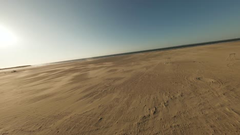 Masterly-drone-shot-of-a-vegetative-and-vast-powdery-sandy-beach-with-background-turquoise-sea