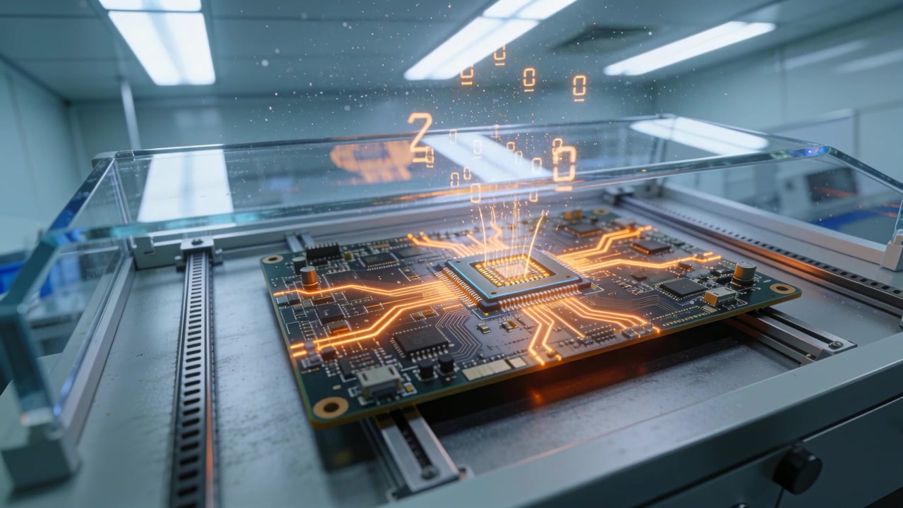 Animating PCB with center IC getting power and sending orange traces toward chip at electronics lab