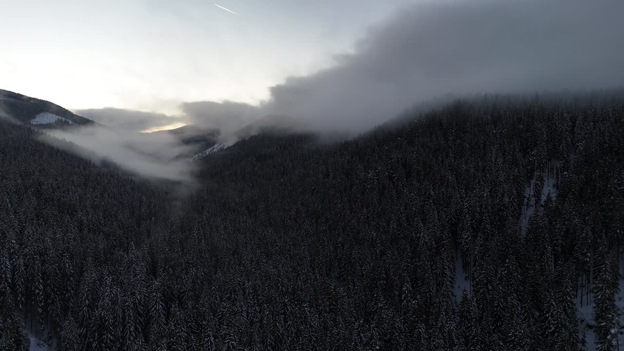 hermosa vista aérea de un bosque en invierno con espectáculo al atardecer cubierto por nubes en una montaña.