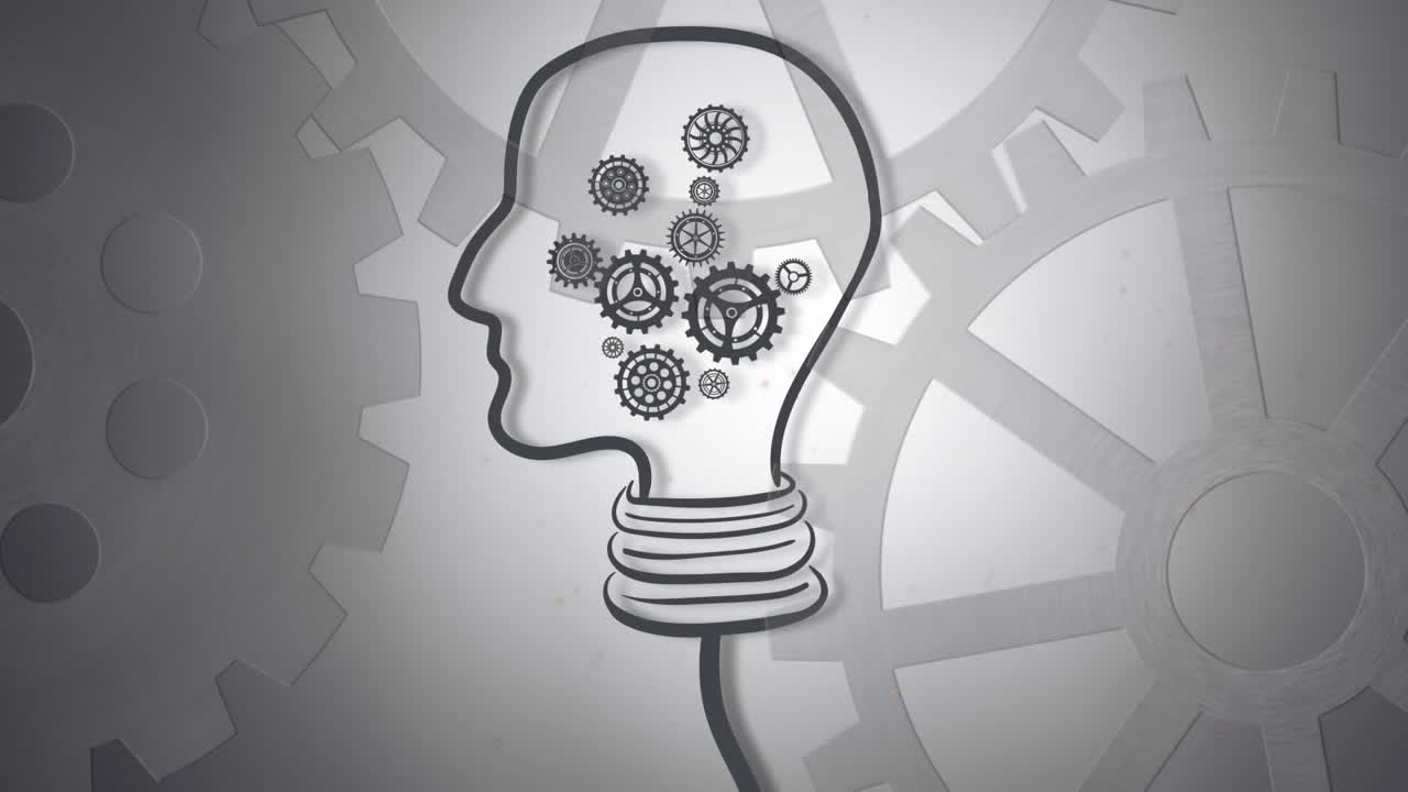 Animation of human brain with cogs working on grey background