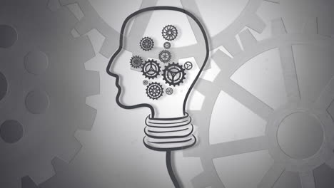 animation of human brain with cogs working on grey background