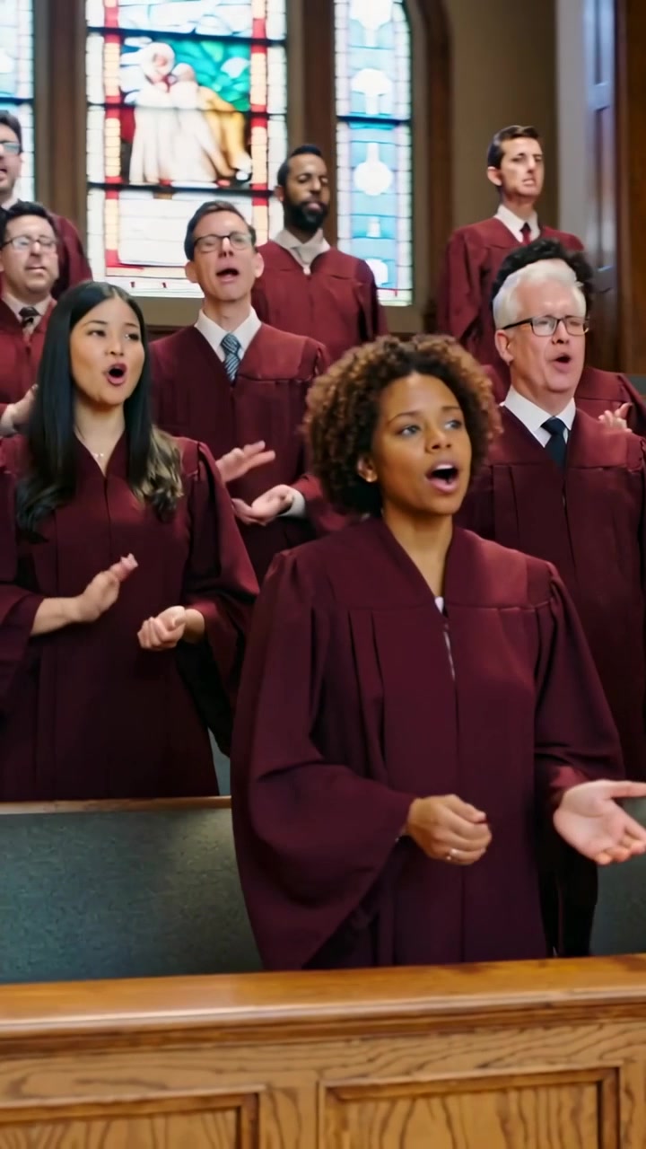 Vertical video: Singing choir responding to hymn starting in sanctuary, wearing maroon robes