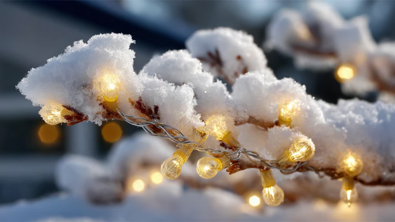 Glistening Winter Wonder: Snow-Covered Branch Adorned with Twinkling Fairy Lights Creating a Cozy and Magical Atmosphere During the Holiday Season