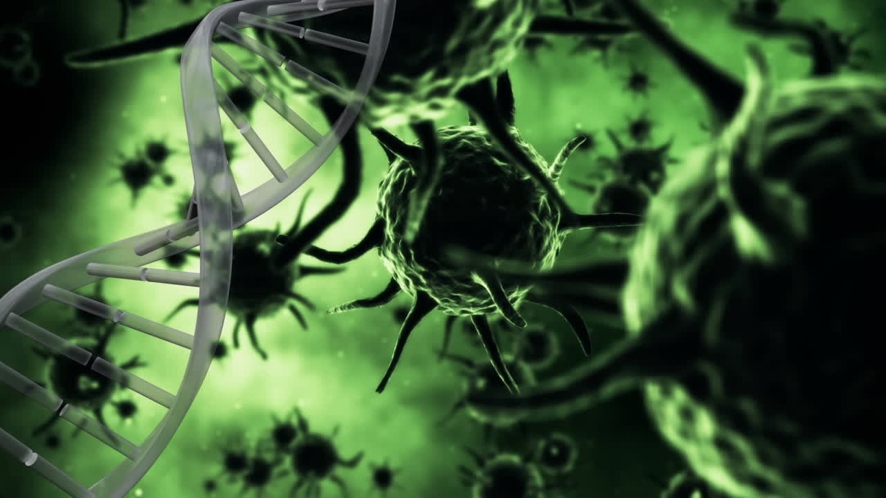 animación de la cadena de adn girando sobre las células de covid 19 flotando