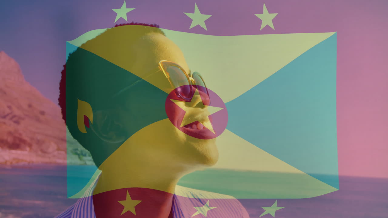 해변에서 선글라스를 착용한 미소 짓는 사람 위에 그레나다 발 애니메이션