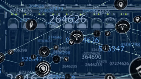 animación de la red de conexiones con iconos y procesamiento de datos sobre la sala de servidores