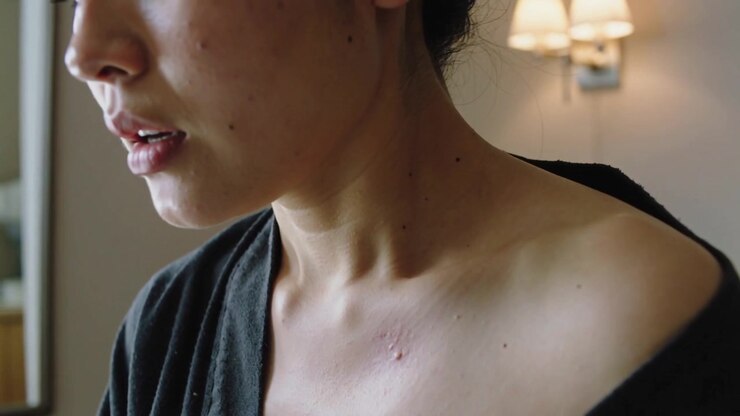 Inquadratura iniziale che rivela bocca e lesione, donna che si volta a sinistra in camera da letto, parlando con una veste nera.