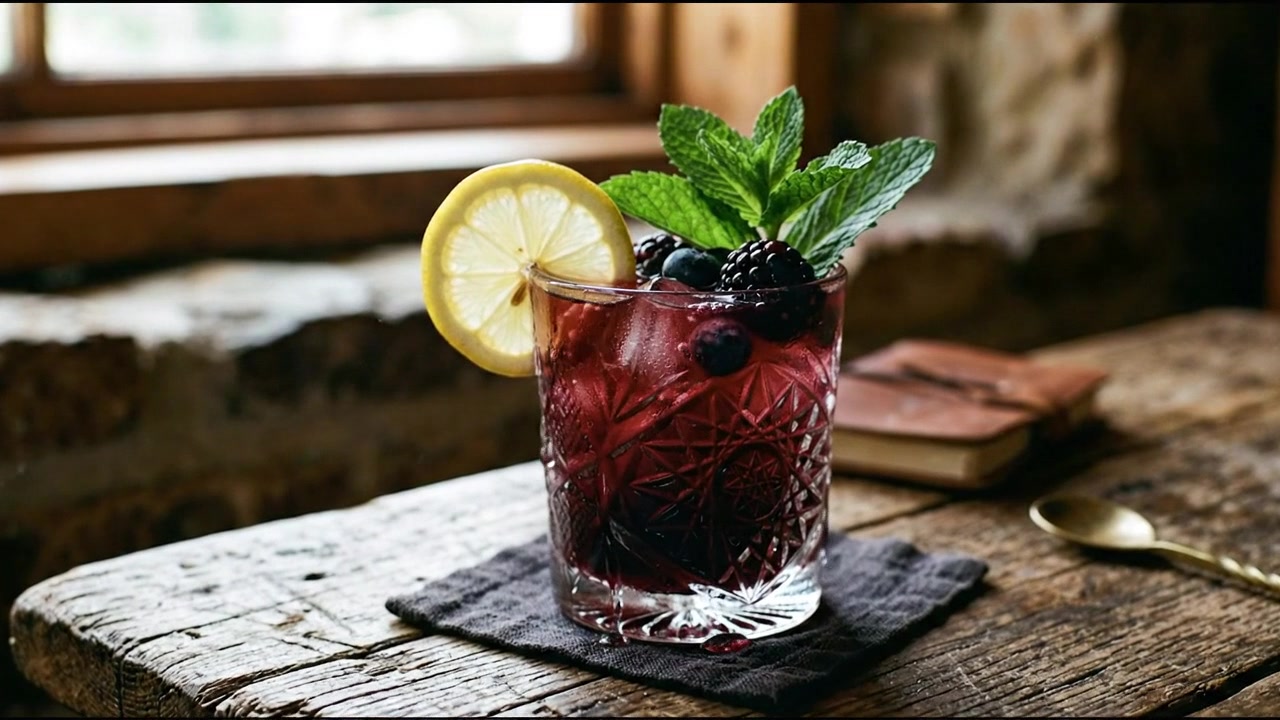 Forfriskende bærdrink med citruspynt og mynte på et vejrbidt stenbord