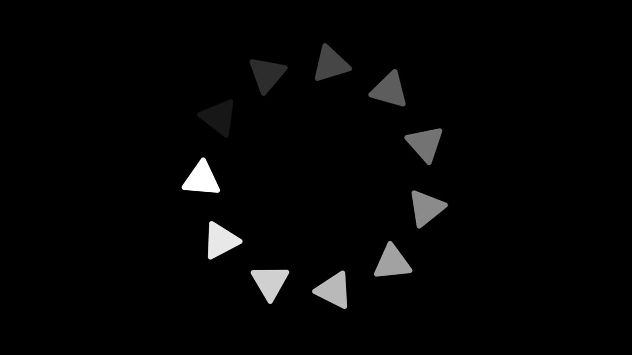 animazione di icone triangolari bianche che sono disposte l'una intorno all'altra in un cerchio su sfondo nero. indicatore per il progresso di caricamento. looping senza cuciture. sfondo animato video.