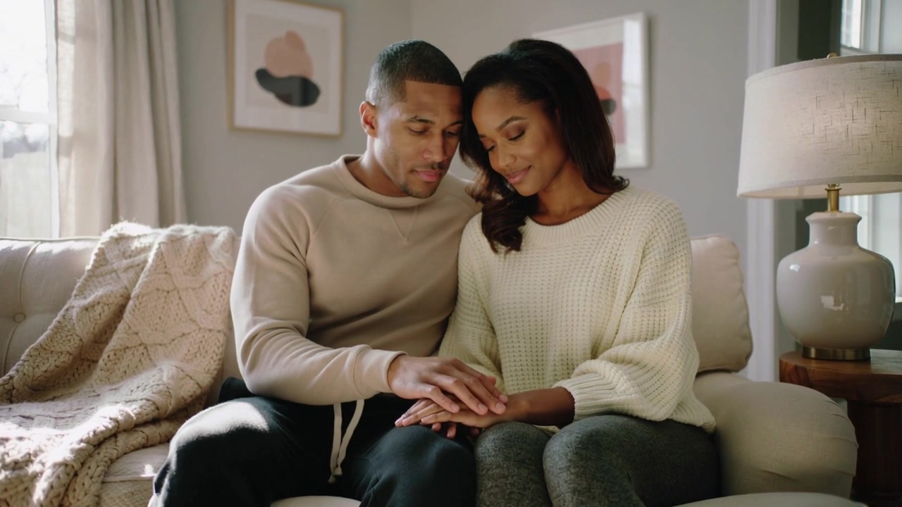 Reaching man placing hand over partner's left hand on sofa, in beige pullover, offering comfort