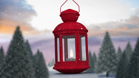 Animation-of-snow-falling-over-red-lantern-in-winter-landscape