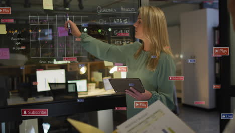 Animation-of-notification-bars,-caucasian-woman-explaining-reports-on-transparent-board-to-coworkers