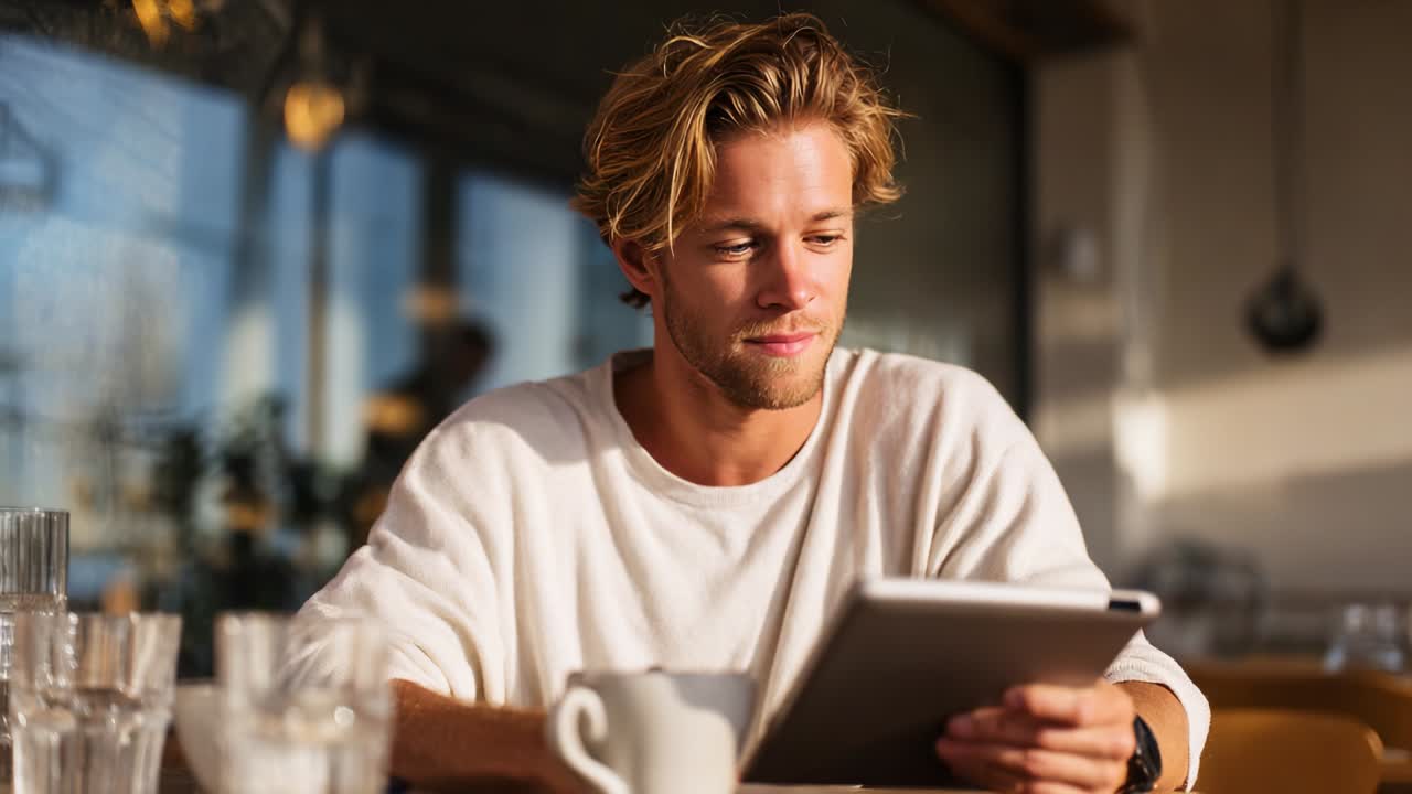 A young man with blonde hair and a casual white sweater enjoys reading on his tablet during a sunny afternoon, surrounded by coffee and glassware in a relaxed café environment