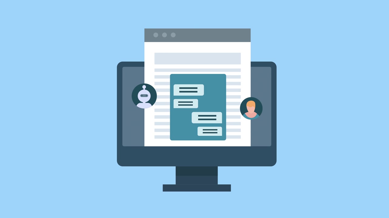 Animated Computer Screen Displaying Document and Chat Interface