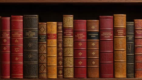 a captivating collection of classic leather-bound books captured on a well-organized bookshelf, showcasing timeless literature in rich colors and elegant designs