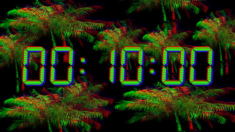 animation of blue digital clock timer changing over palm trees on black background