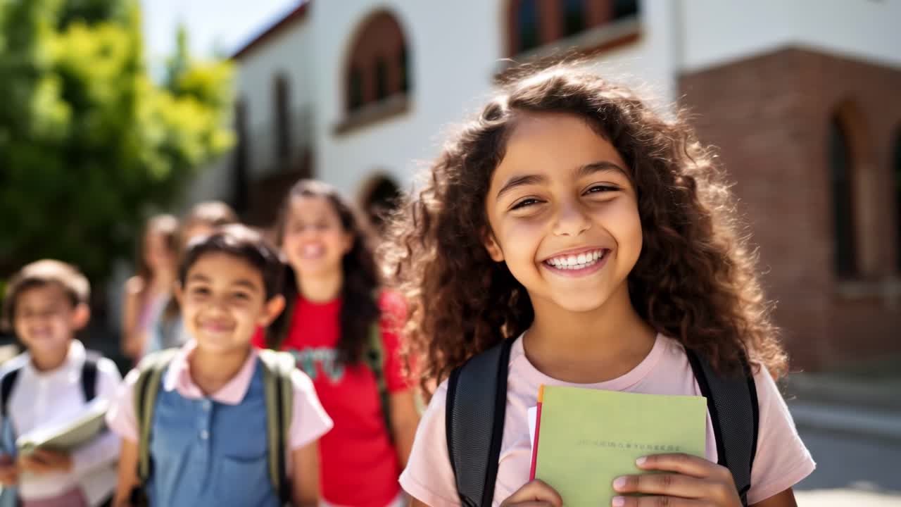 A joyful group of children walking outdoors, captured from a low-angle