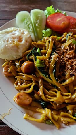 vertical shot of mie goreng, indonesian stir-fried noodle dish, cooked asian food