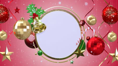 Animation-of-snow-falling-and-christmas-decorations-over-circle-with-copy-space-on-red-background