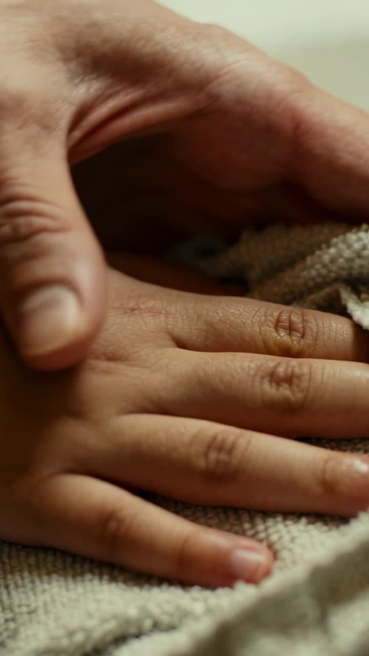 Vertical video: Adult hand entering frame, smoothing towel over child hand, comforting care gesture