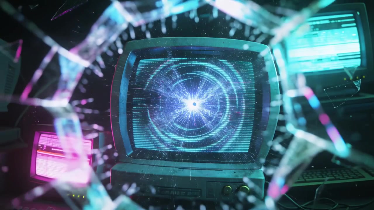 Reacting to core surge, teal-sleeved arm thrusting rod into CRT workstation, cracking glass