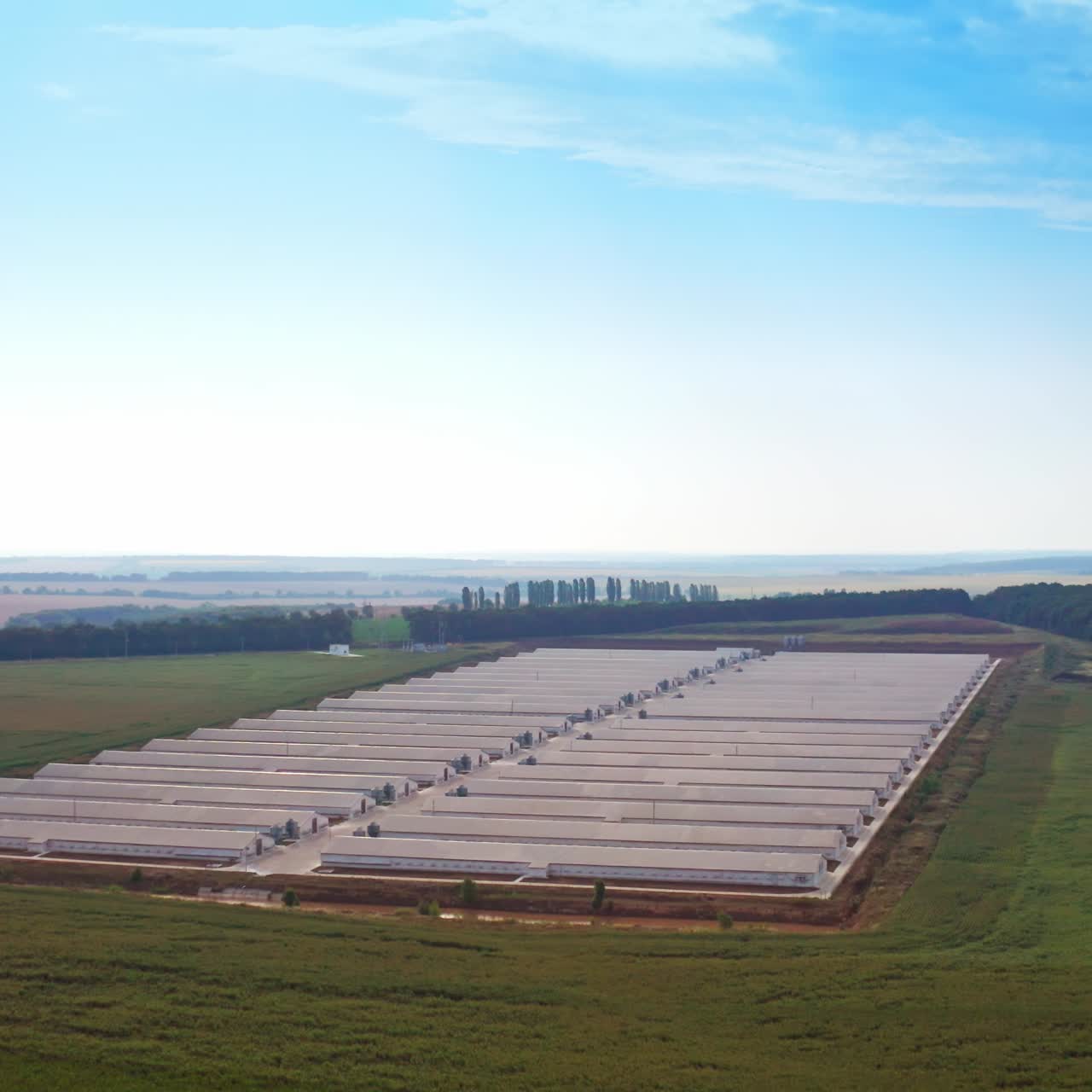 Endless beautiful landscapes of farmlands with modern farm at the foreground. Up-to-date warehouses for breeding domestic animals