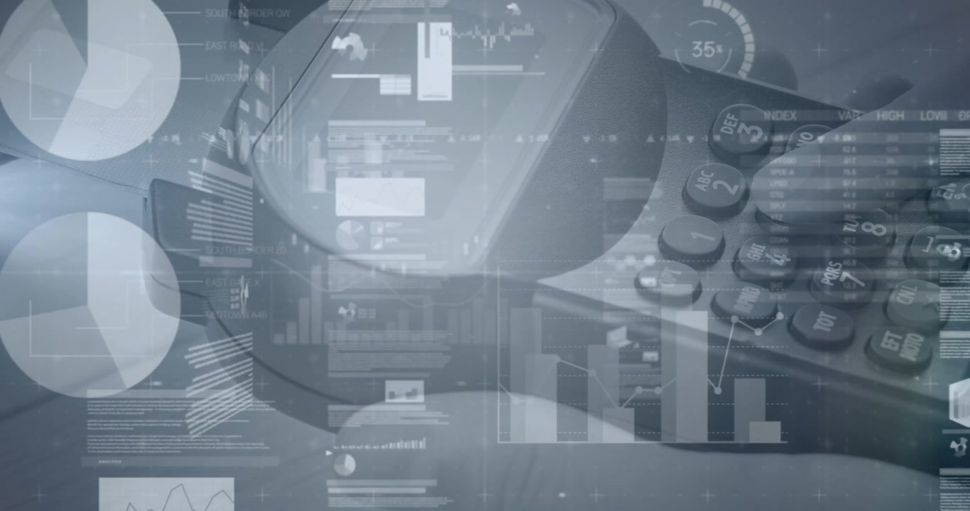Animation of graphs and financial data over hand of caucasian man holding payment terminal