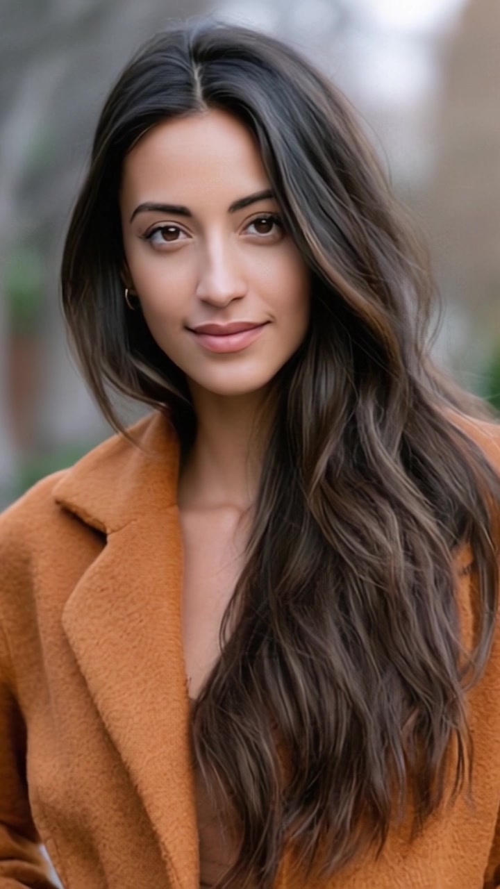 A Captivating Portrait of a Young Woman with Long, Flowing Hair in a Stylish Brown Coat, Captured in a Serene and Blurred Outdoor Environment