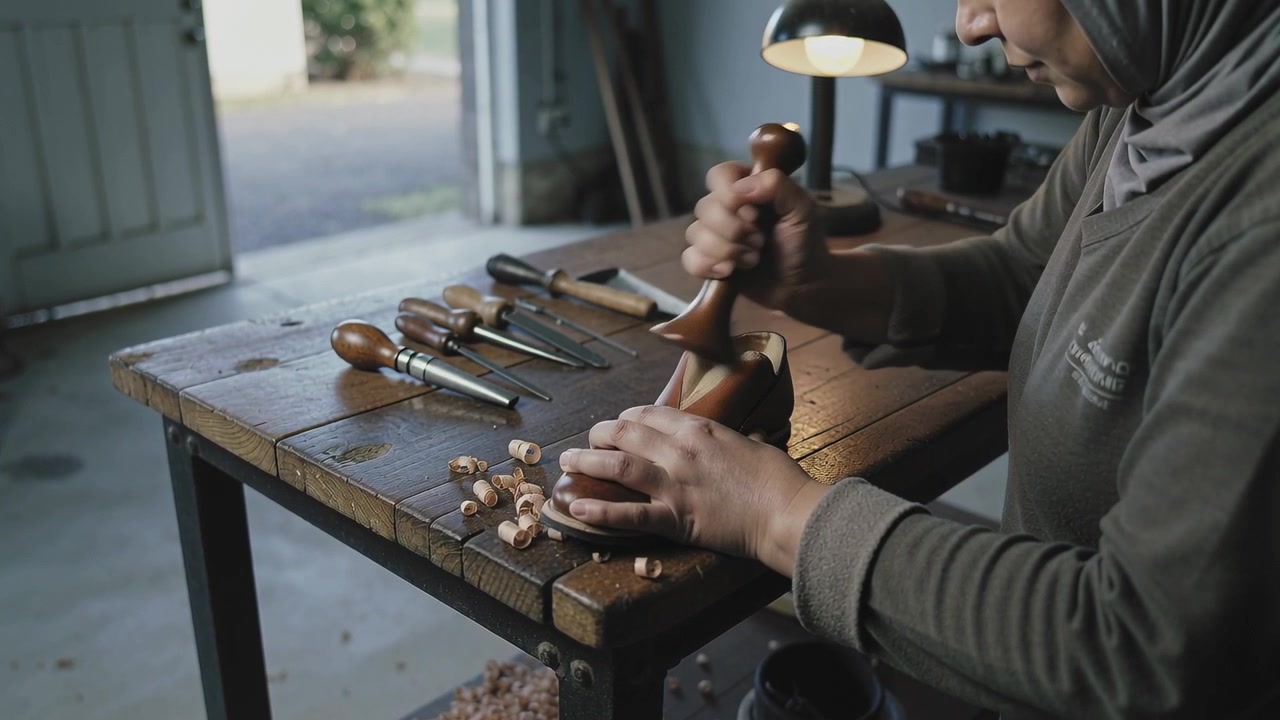 Gripping mallet, woman in headscarf and apron carving workpiece with chisel to shape wood at bench