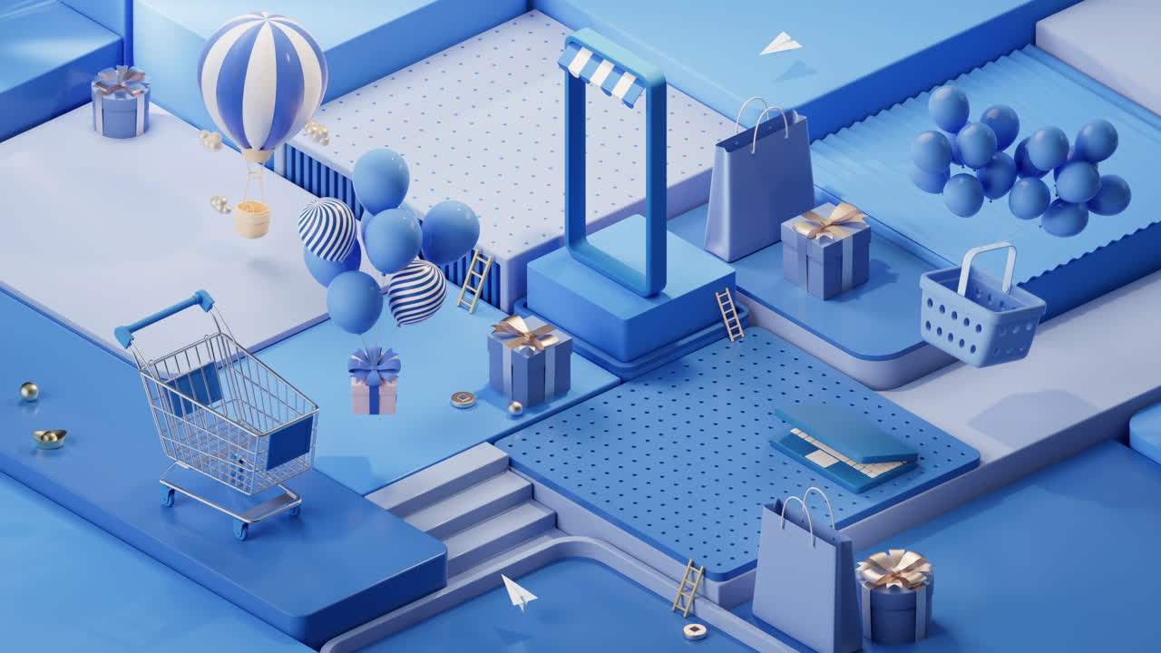 3d 렌더링으로 큐브 플랫폼 배경으로 쇼핑 일 활동의 루프 애니메이션