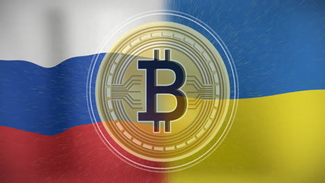 animación de símbolos de bitcoin sobre las banderas rusa y ucraniana