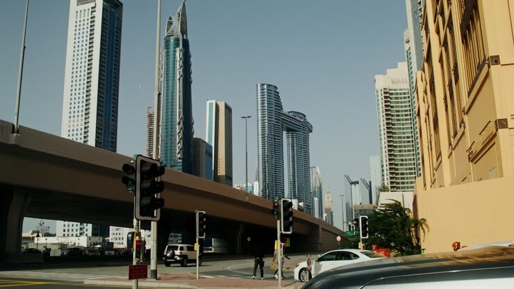 Paesaggio Urbano di Dubai con Grattacieli e Traffico