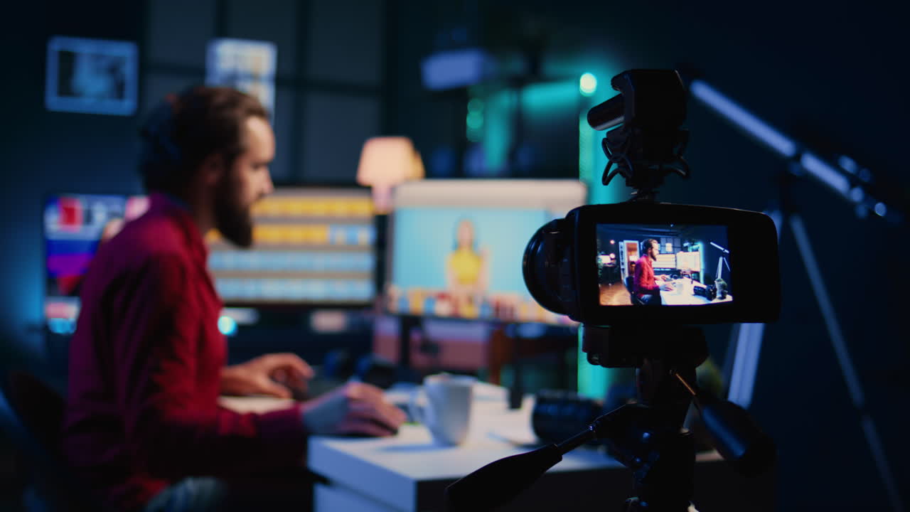 클로즈업 카메라 녹화 사진작가 - 관객에게 사진 을 가르친다